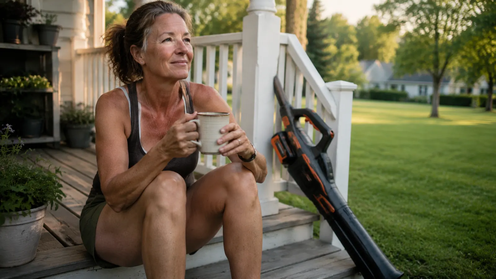 Woman leaning a cordless leaf blower against a porch post after finishing yard work, coffee cup in hand