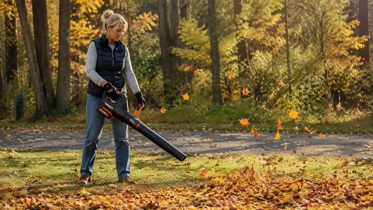 Woman in work clothes clearing a leaf-covered yard at dawn with a cordless leaf blower