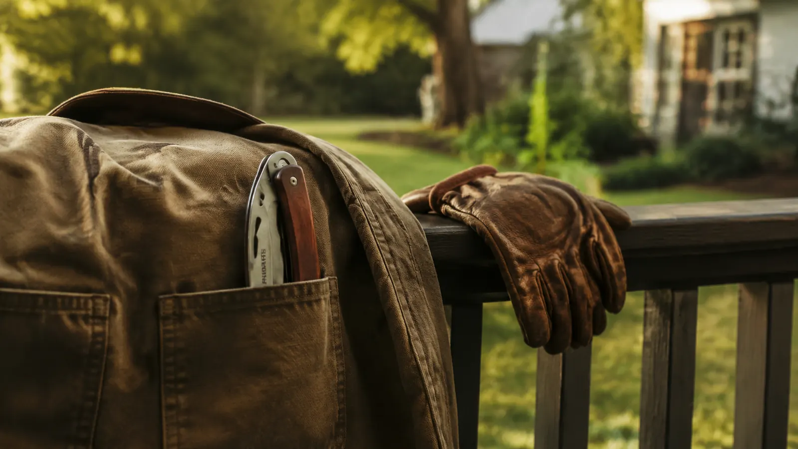 Folded pruning saw tucked halfway into a garden jacket pocket next to a worn leather glove