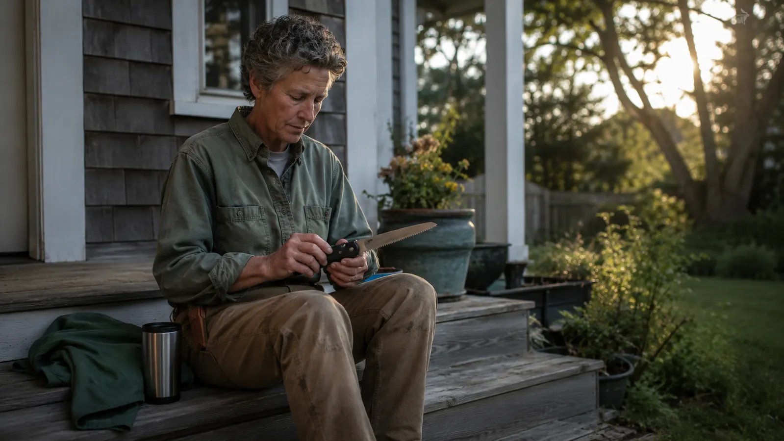 Gardener unfolding a small pruning saw on a back porch step in early morning light before heading out for a work shift