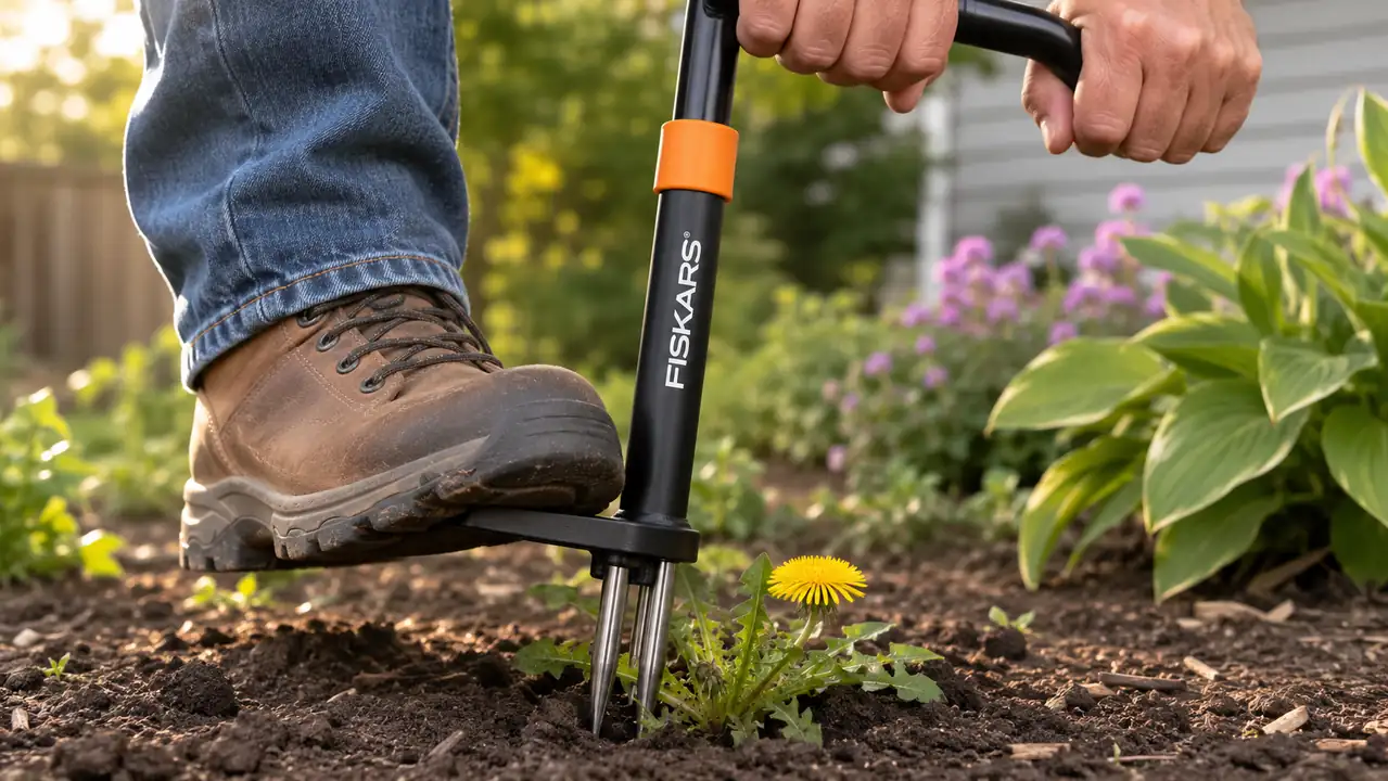 Close-up of a boot pressing down on the foot platform of a stand-up weed puller with the claws driven into soil around a weed