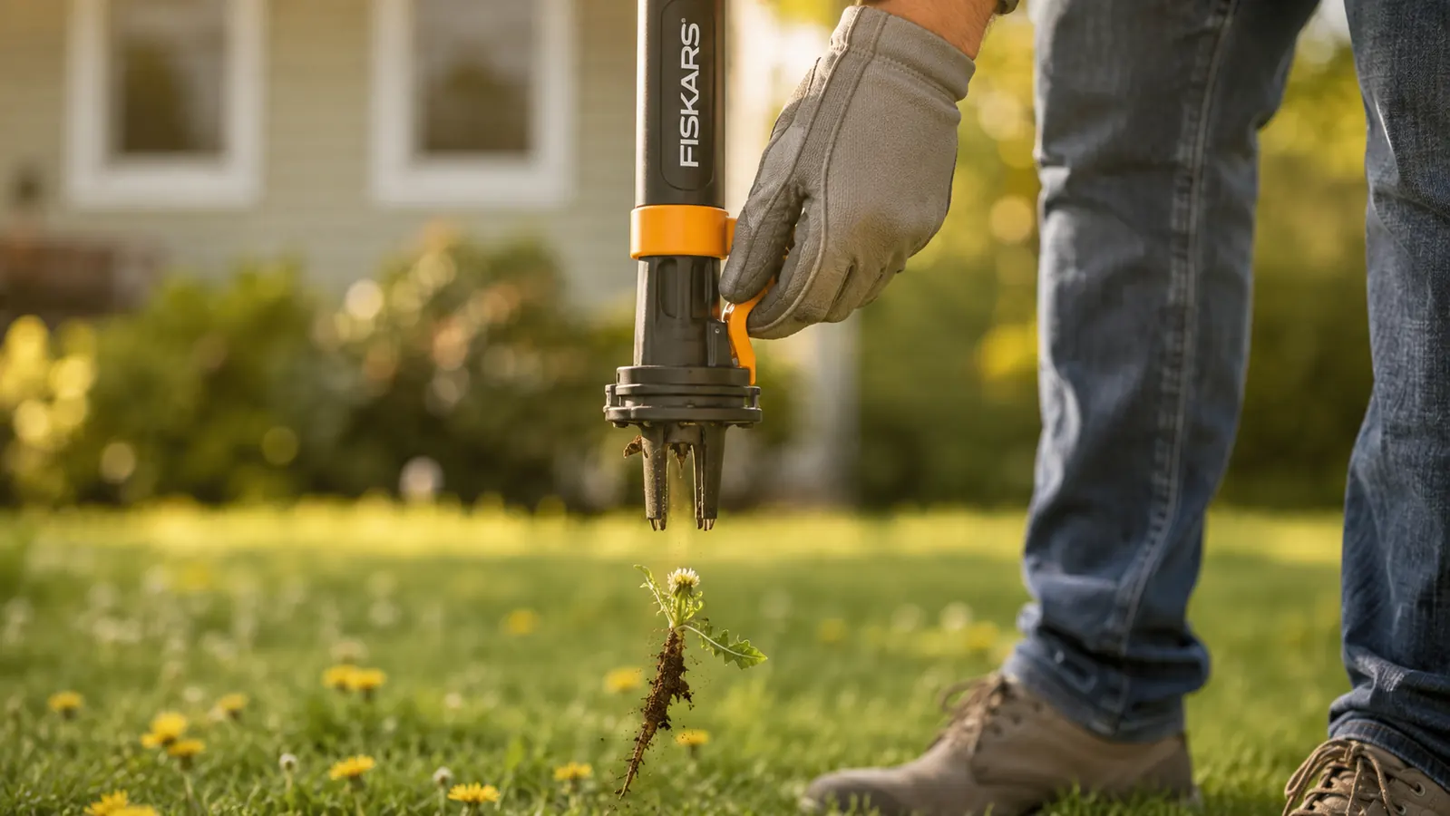 Hand holding the easy-eject lever of a stand-up weeder ejecting a full dandelion root without bending down