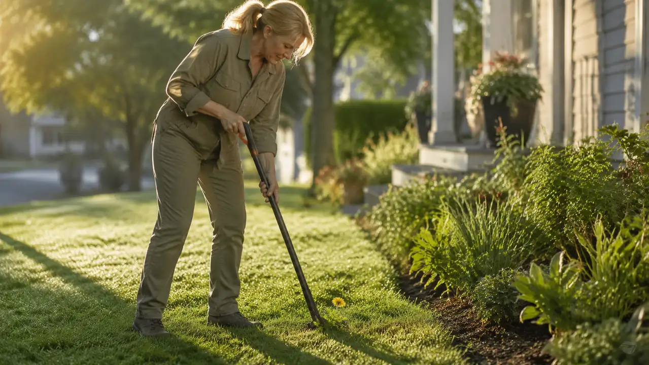 Woman standing upright pulling a dandelion from a garden bed with a long-handled weeder, early morning light on the lawn