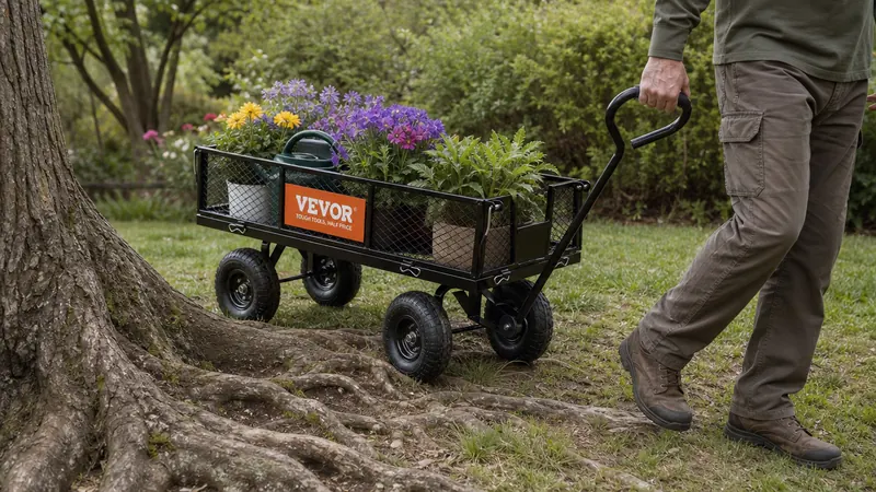 Hand gripping the rotating handle of the steel garden cart while pulling it across a lawn with exposed tree roots