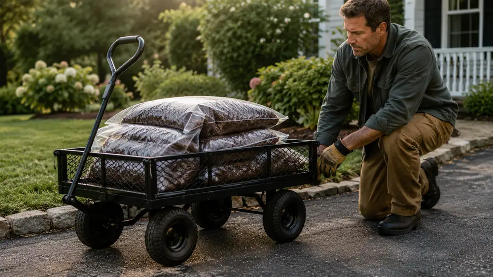 Steel garden wagon cart loaded with bagged mulch parked on a driveway in early morning light