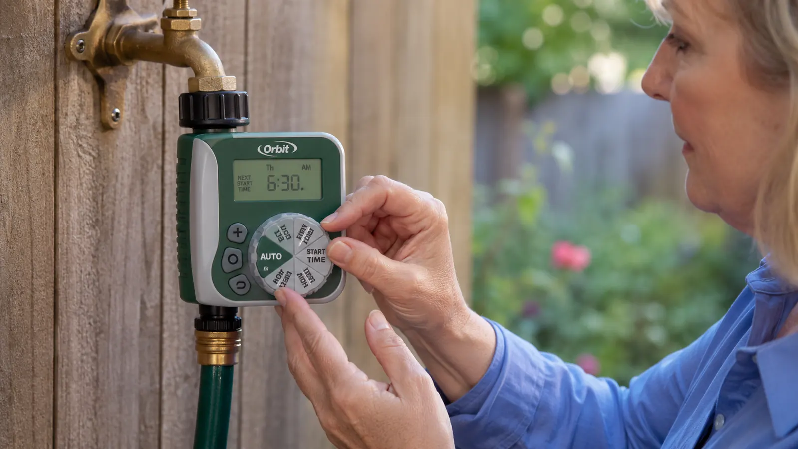 Hand setting the dial on the Orbit hose timer attached to an outdoor spigot