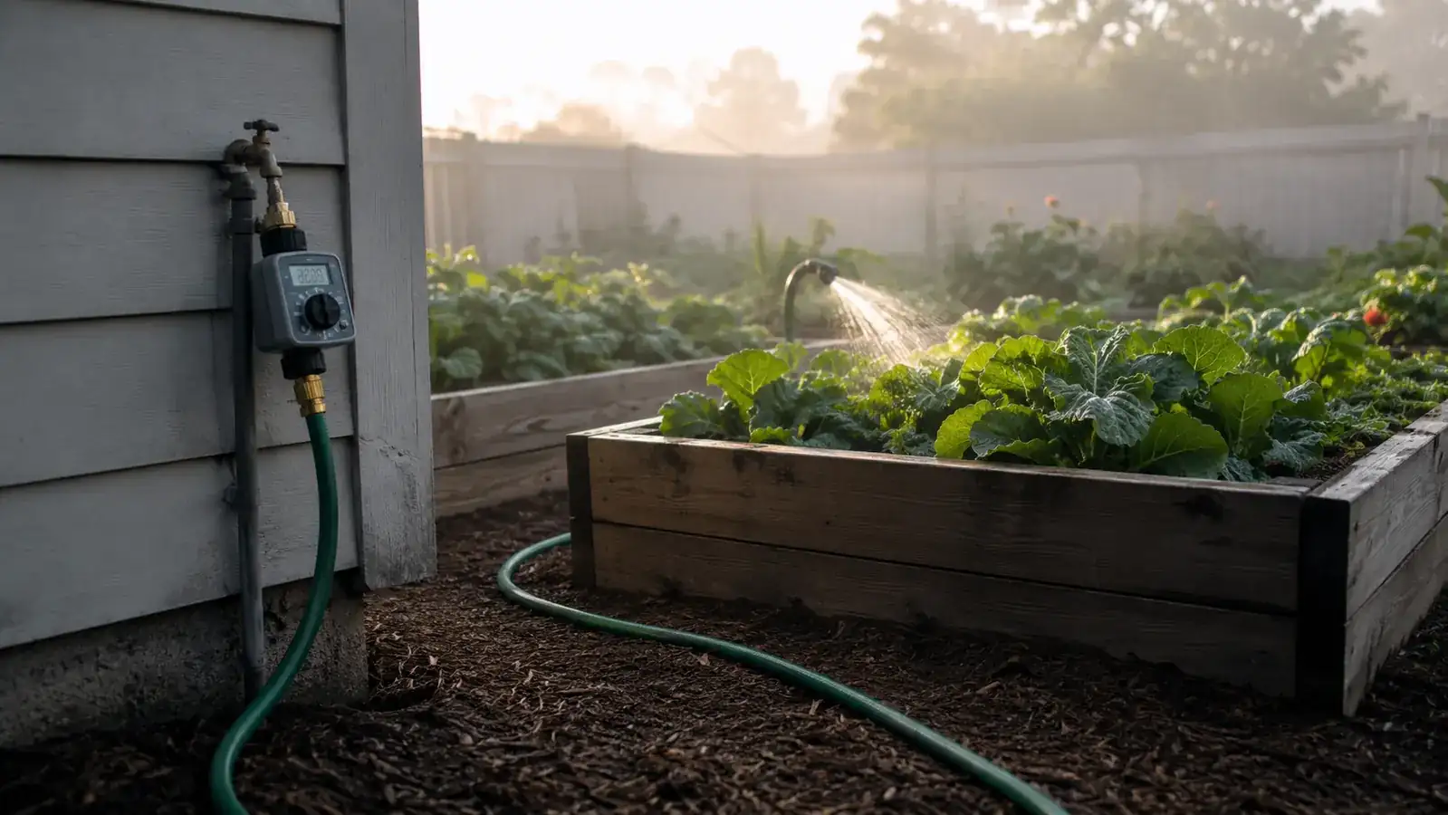 Early morning garden bed being watered by a hose timer, soft light, dew still on the leaves
