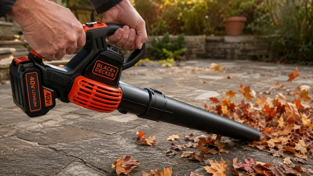 Close-up of hands guiding a black and orange cordless leaf blower along a stone patio covered in leaves