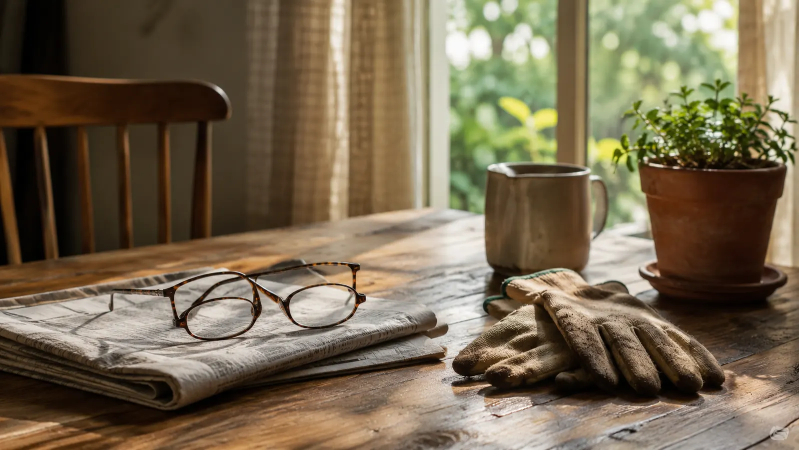 A kitchen table with reading glasses, a folded newspaper, and a garden glove resting near a window with afternoon light