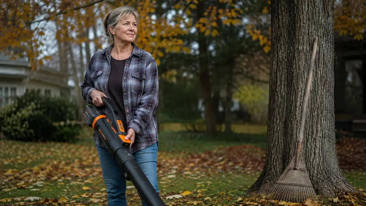 A woman standing in a leaf-covered backyard on a Saturday morning, rake leaning against a tree behind her, a cordless leaf blower in her hands