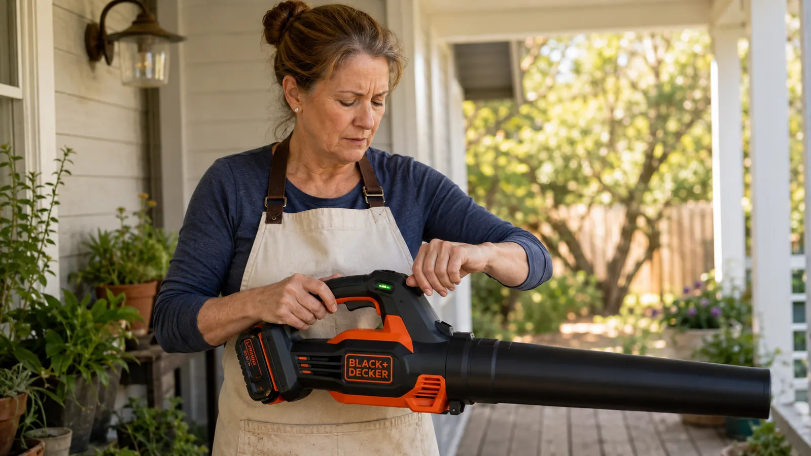 Woman in a work apron checking the battery charge gauge on the cordless leaf blower before heading out to the yard