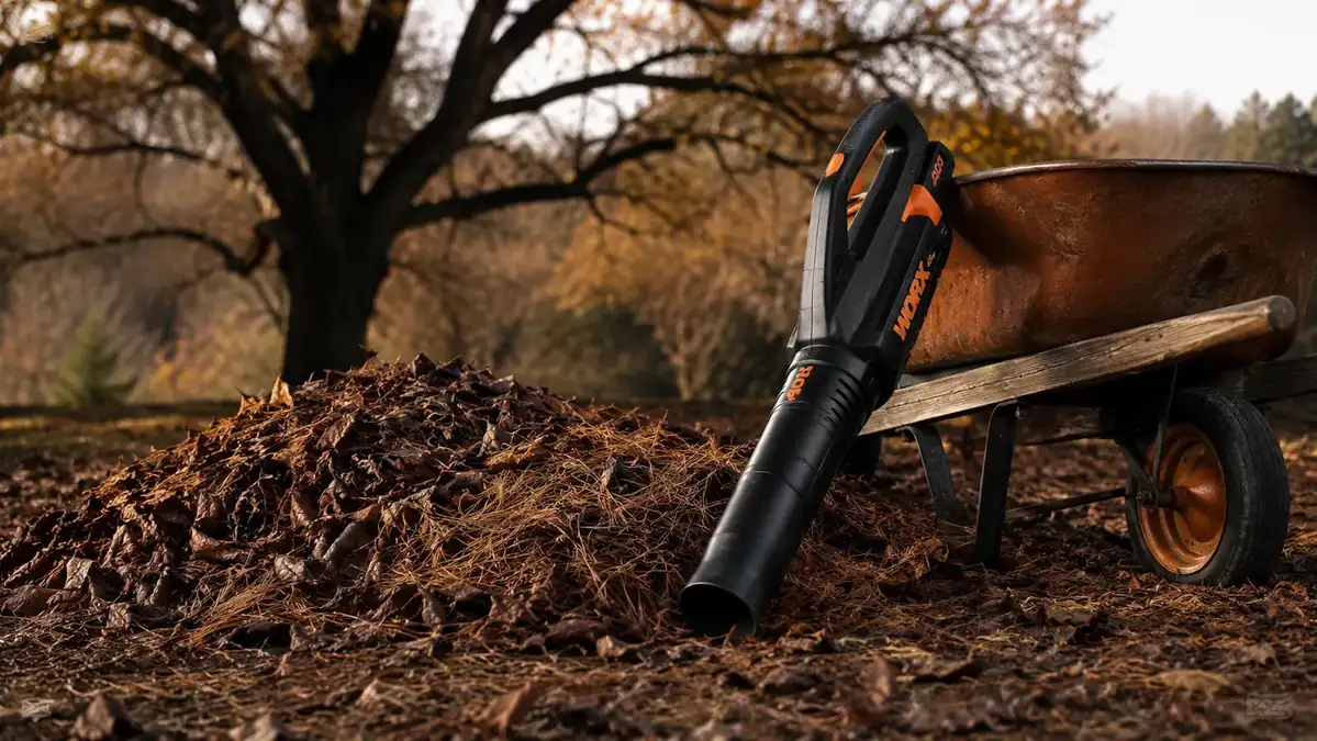 Cordless leaf blower propped against a wheelbarrow beside a pile of walnut leaves and pine needles