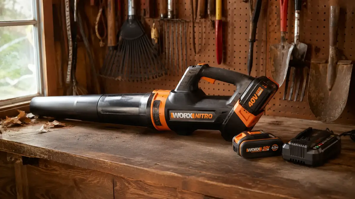 Cordless leaf blower and its battery charger sitting on a workbench in a garden shed
