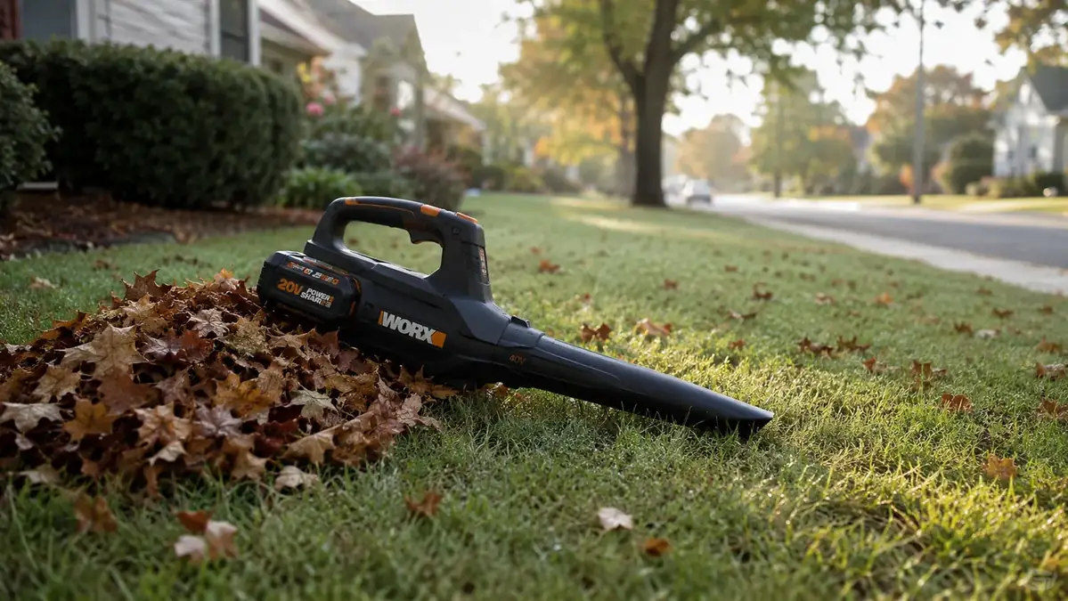 Black and orange cordless leaf blower resting against a pile of raked leaves in a front yard at dawn