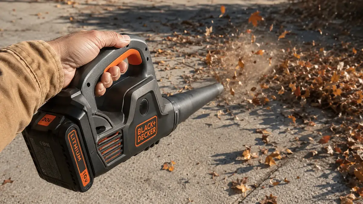 Hand gripping the trigger of the BLACK+DECKER cordless leaf blower, aiming a stream of leaves off a concrete driveway