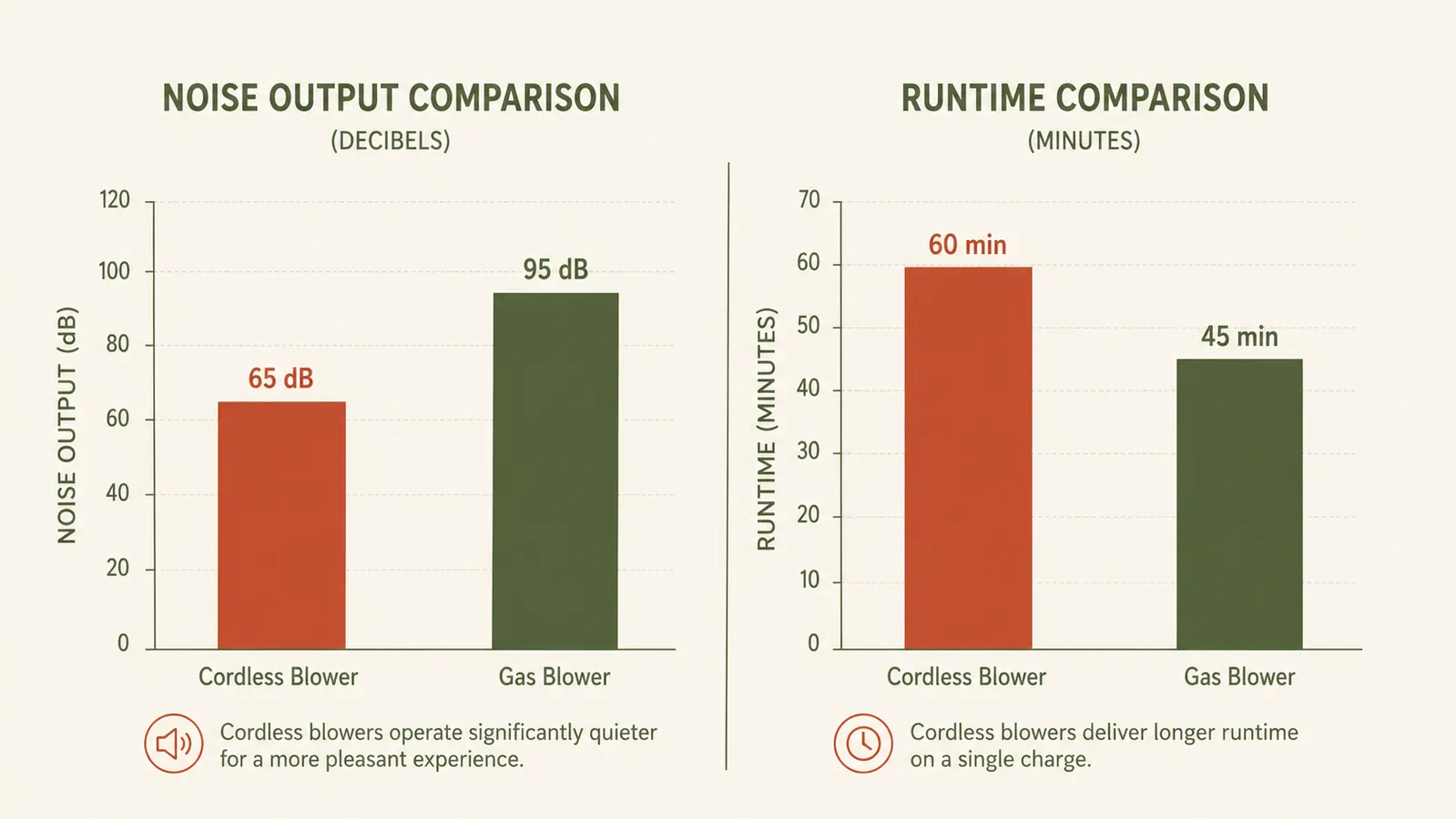 Bar chart comparing noise level in decibels and battery runtime in minutes between the cordless blower and a gas blower