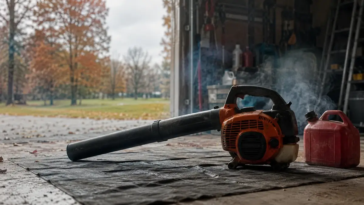 Gas-powered leaf blower with a fuel canister sitting on a tarp beside a garage, exhaust smoke visible