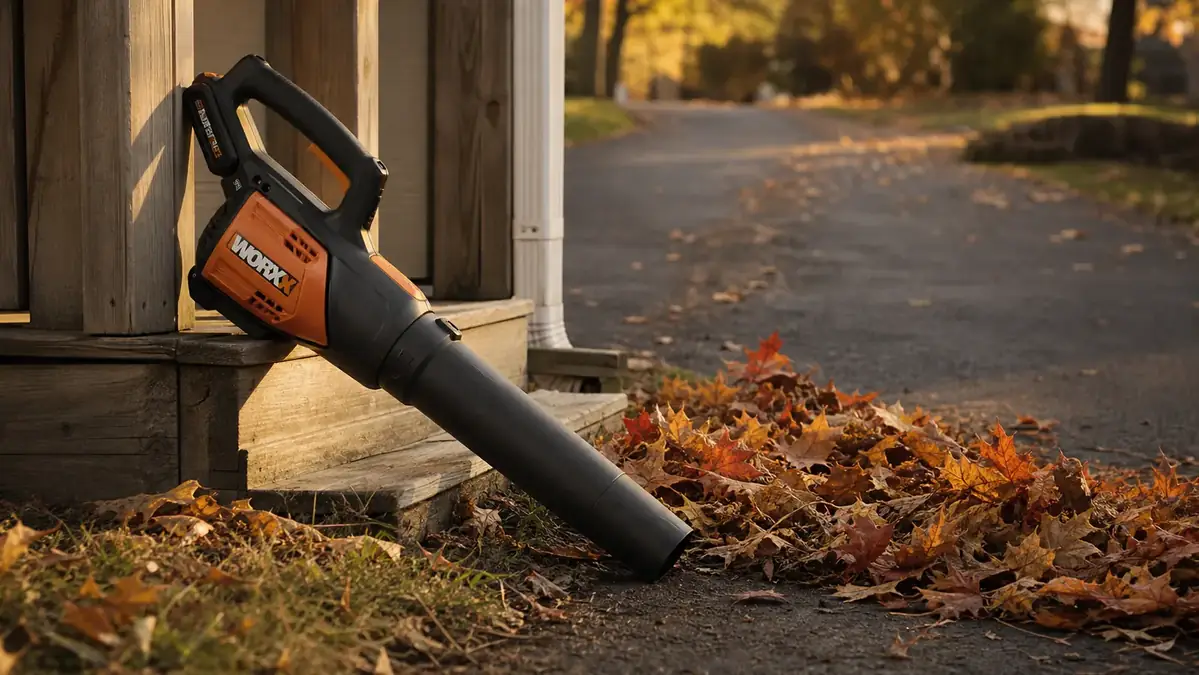 BLACK+DECKER cordless leaf blower resting against a porch railing next to a pile of raked leaves in late afternoon light