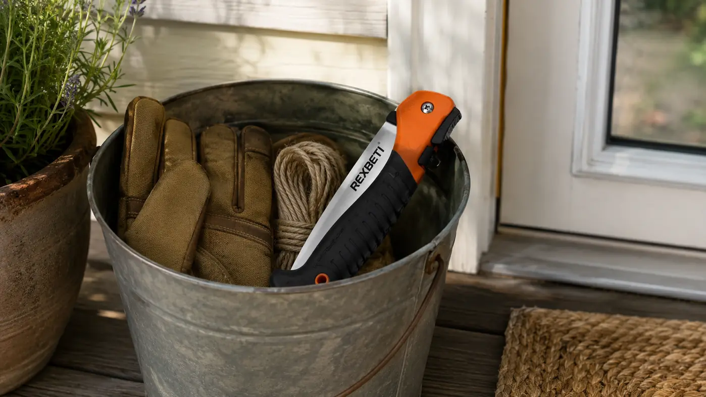 A folding pruning saw kept in a bucket of tools by a back door