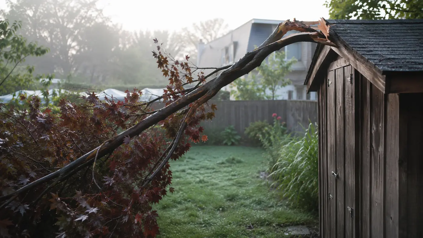 A storm-damaged tree limb hanging over a garden shed roof at dawn