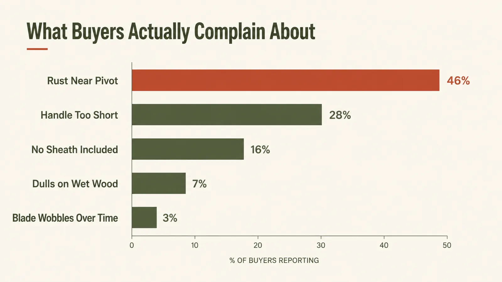 Chart showing the most common complaint categories from online reviews of folding pruning saws