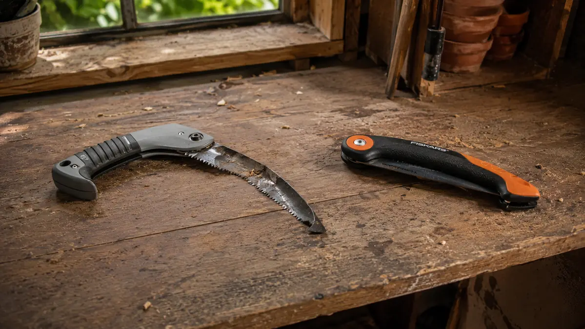 A broken cheap folding saw with a bent blade sitting next to the REXBETI saw on a workbench