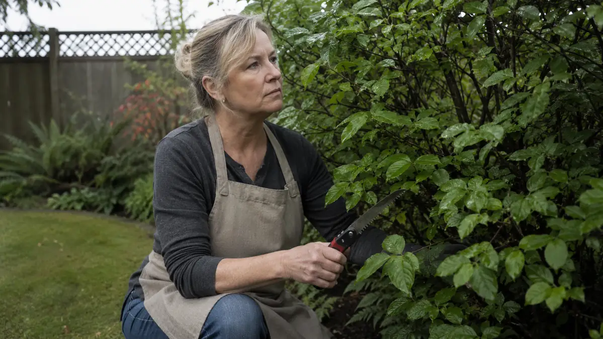 Woman kneeling beside an overgrown viburnum hedge with a folding pruning saw open in her hand, morning dew visible on the leaves