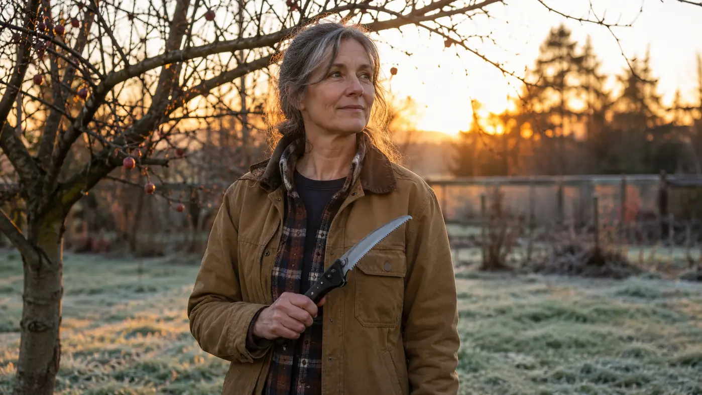 Woman in a canvas work jacket folding out a pruning saw beside a crabapple tree in early morning light