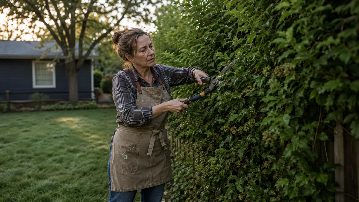 A woman in a canvas garden apron trimming an overgrown viburnum hedge in early morning light