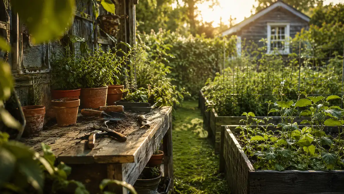 A lush backyard garden with raised beds and garden tools at hand, warm late-afternoon light, lived-in and well-tended