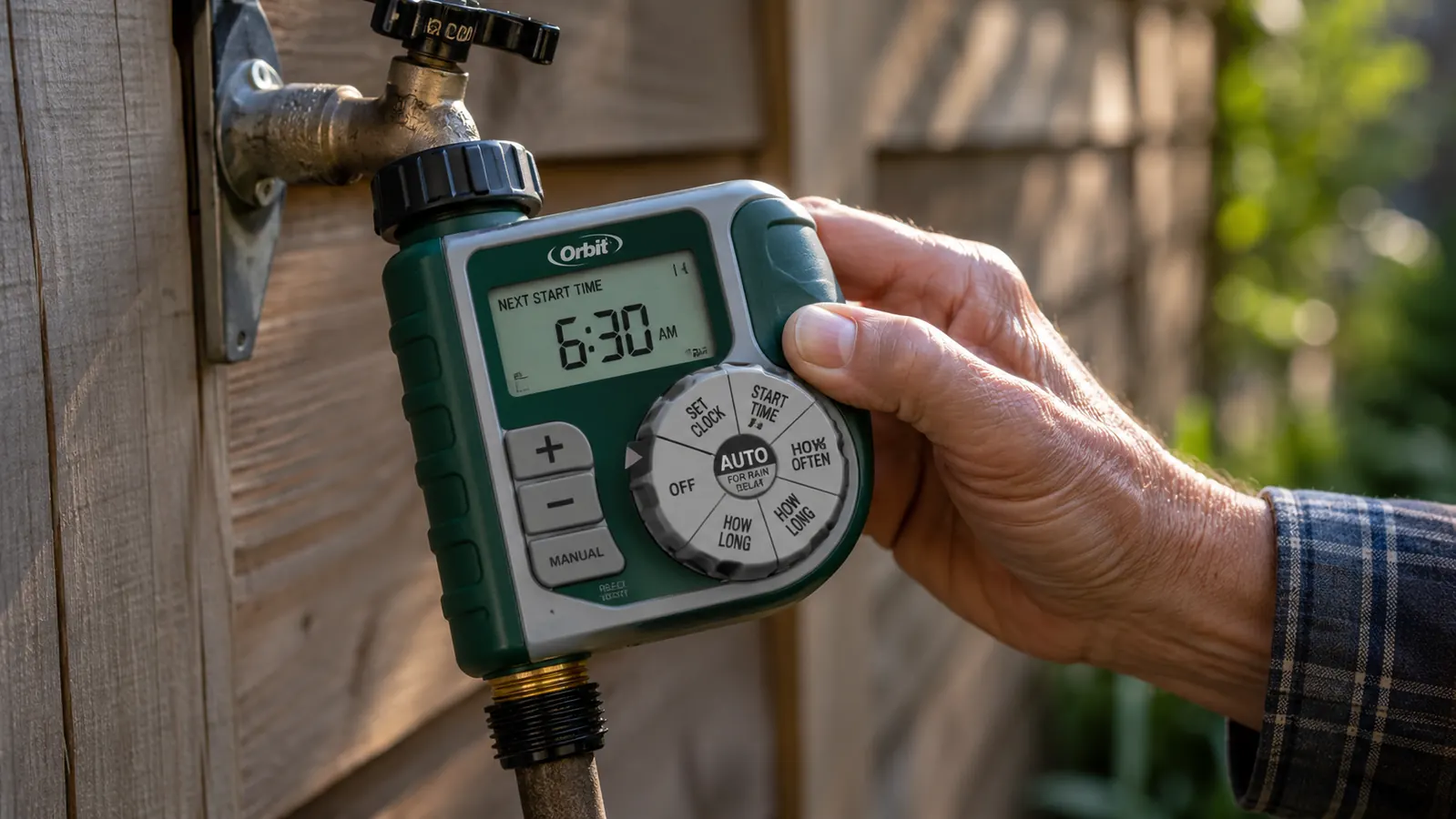 Hand attaching the Orbit digital hose timer to an outdoor spigot before connecting the hose