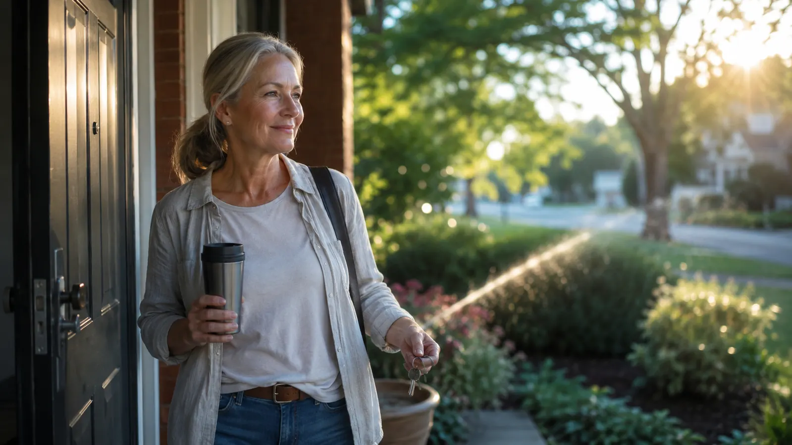 Gardener walking out the front door at dawn with a travel mug while the garden waters itself behind her