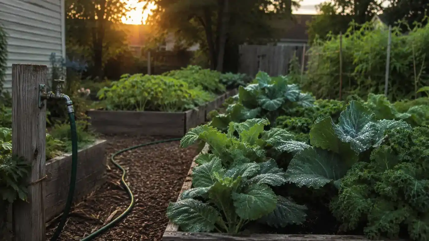 Soft early morning light over a home vegetable garden with a hose timer attached to the spigot