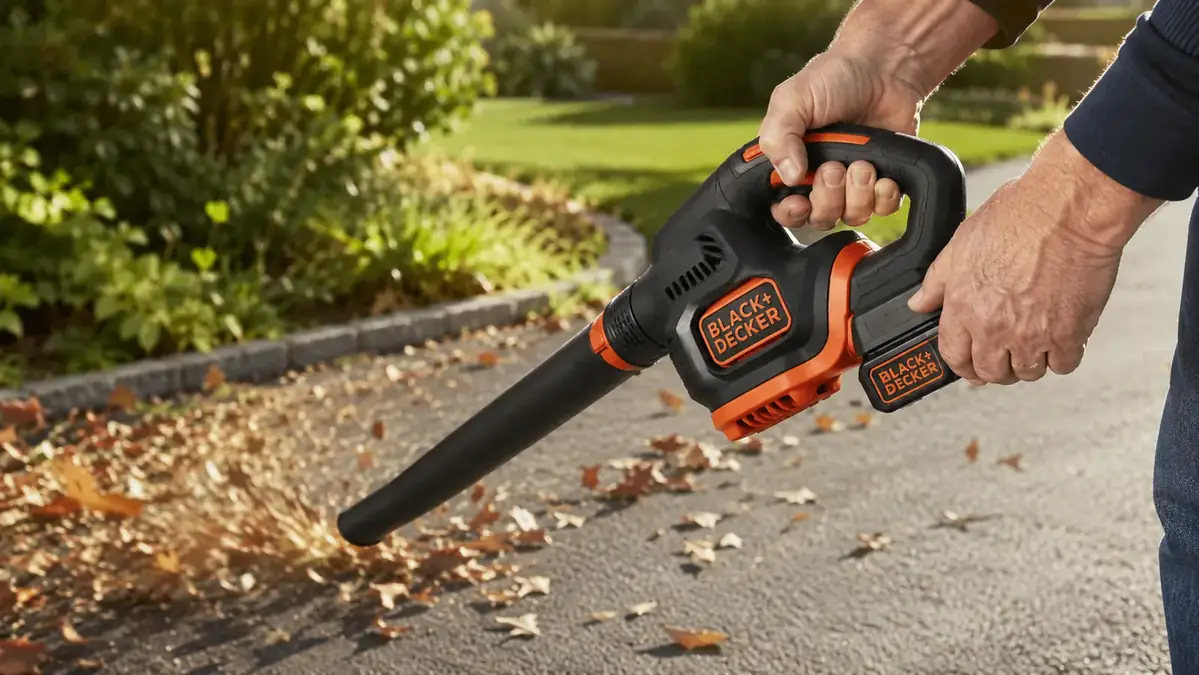 Hands gripping a cordless leaf blower and angling the nozzle low to sweep leaves off a driveway