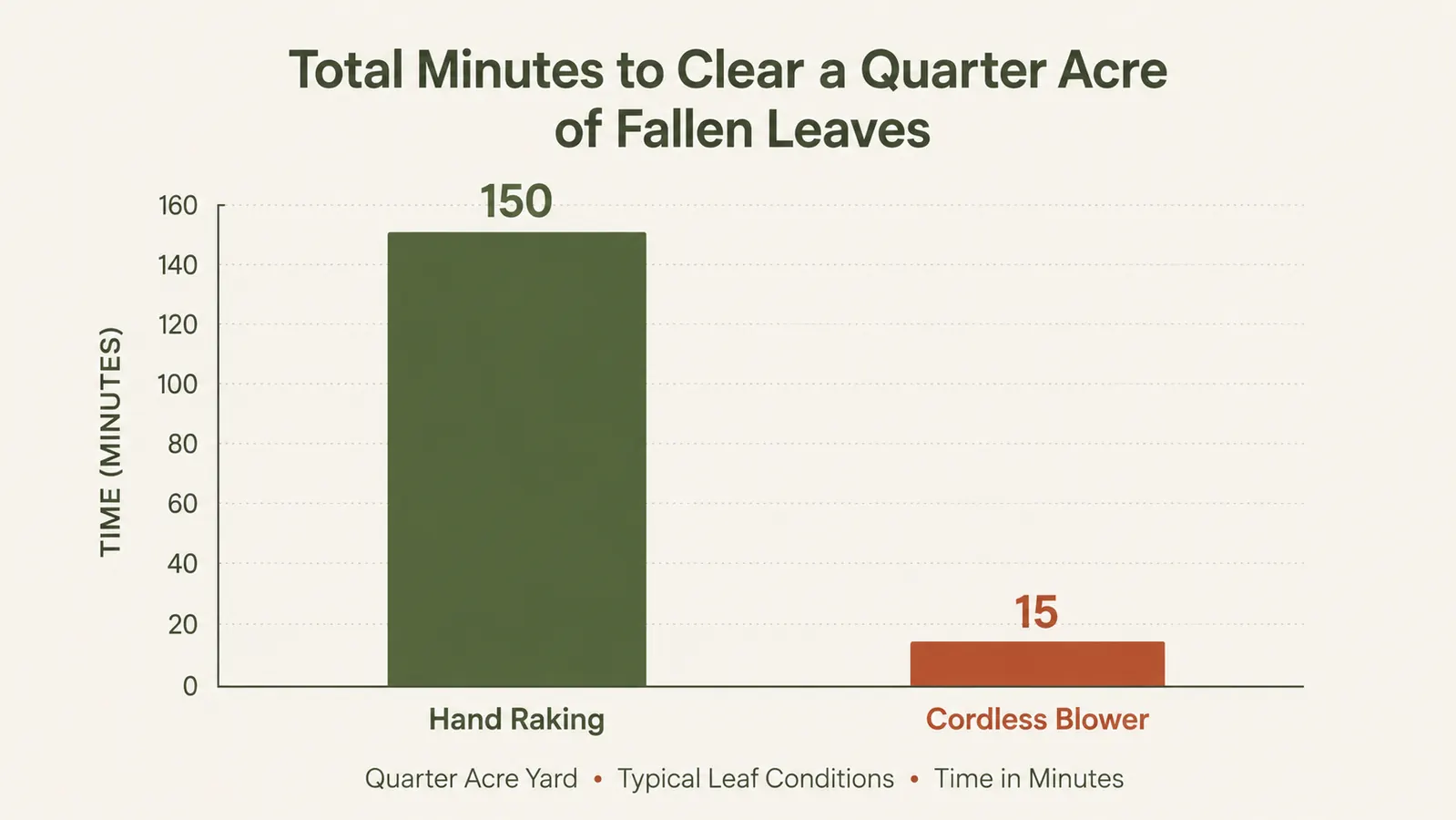 Simple chart comparing minutes spent clearing a yard of leaves by rake versus by cordless leaf blower