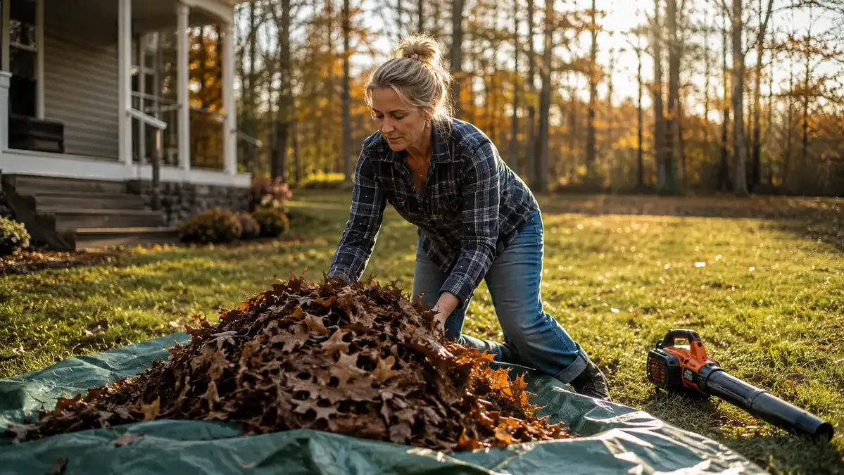 Gardener pushing a pile of leaves into a tarp at the edge of a cleared lawn
