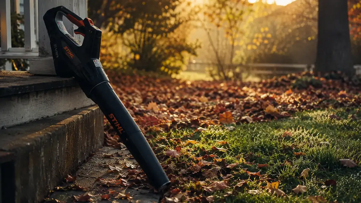 Cordless leaf blower resting against a porch step with a leaf covered yard in early morning light