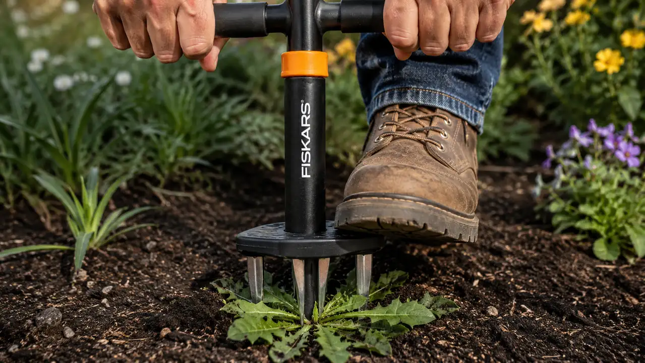 Hand pressing down on the foot platform of the Fiskars Stand-Up Weed Puller to drive the claws into the soil next to a dandelion