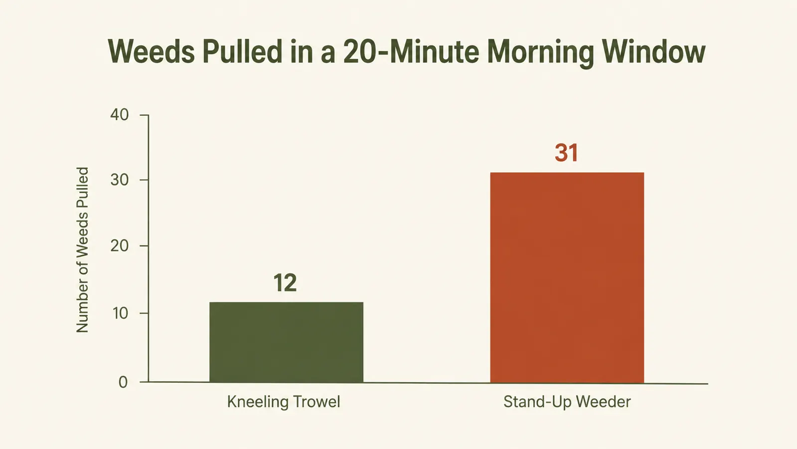 Simple chart comparing minutes spent per weed with kneeling tools versus a stand-up weeder across a 20 minute window