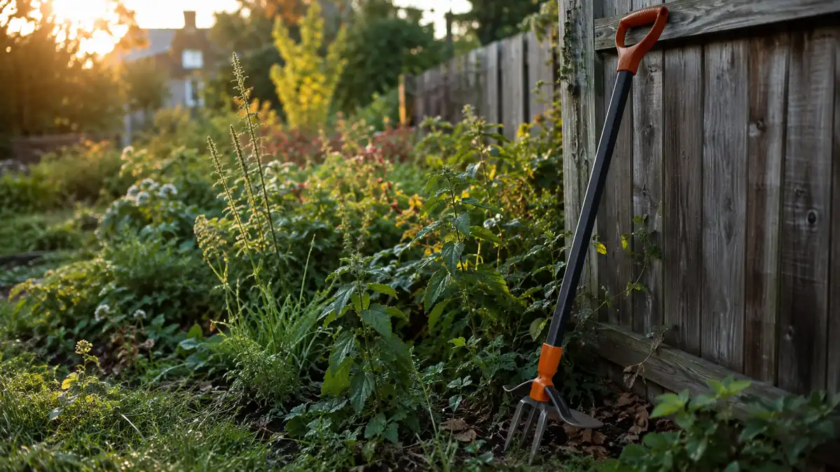 Early morning light on a weedy garden bed with a stand-up weed puller leaning against the fence