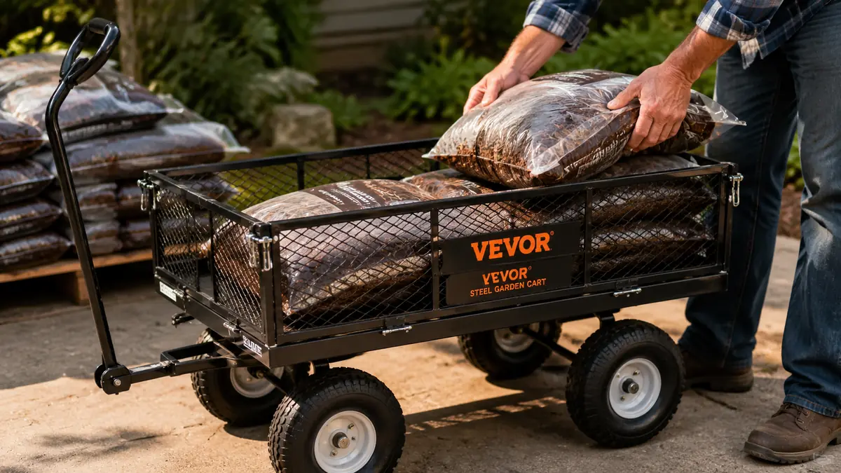 Hands loading bags of mulch into the back of a steel garden cart near the wheels for balance