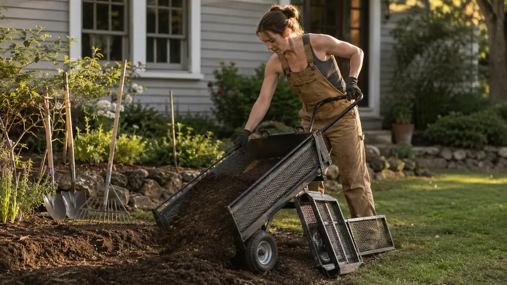 Gardener tipping an empty garden cart on its side to dump loose soil onto a flower bed