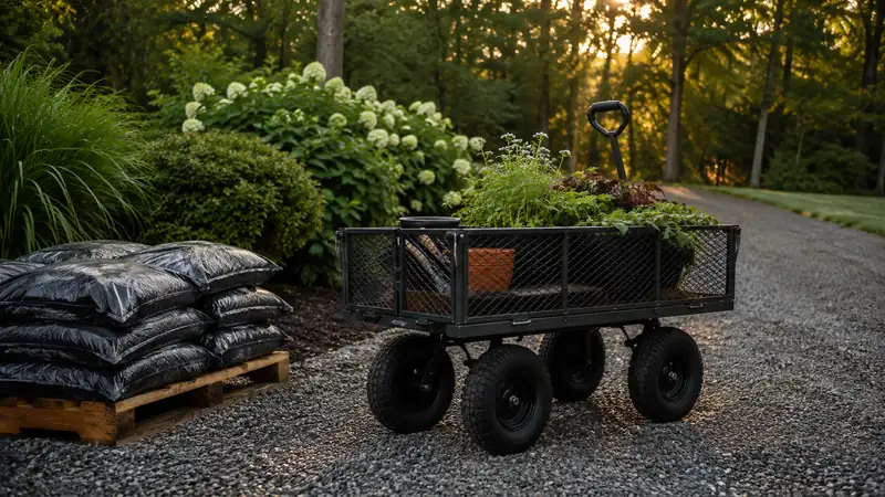 Steel garden wagon cart loaded with bagged mulch parked in a gravel driveway at early morning light