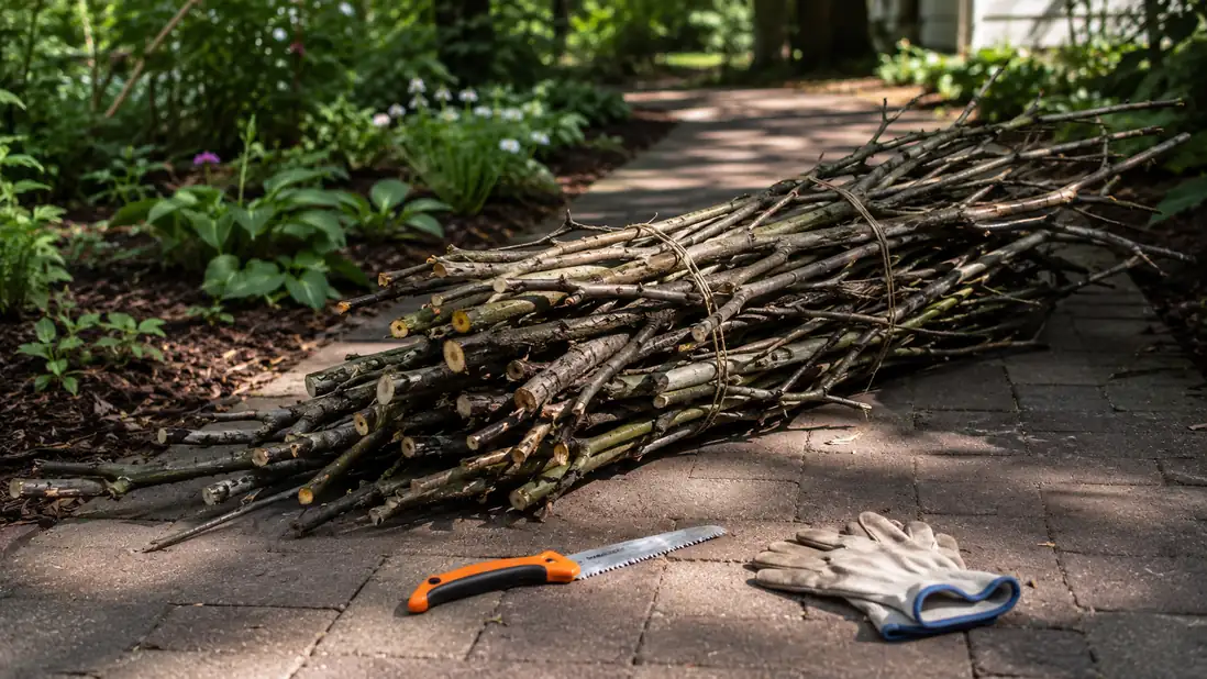 Pile of freshly cut branches bundled with twine beside a folded pruning saw on a garden path