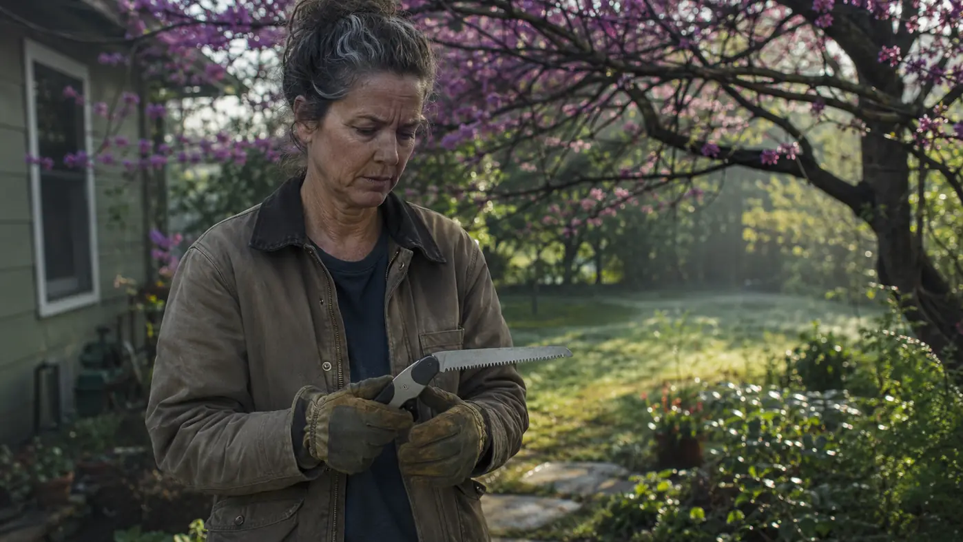 Woman in work gloves unfolding a pruning saw beside an overgrown redbud tree at dawn