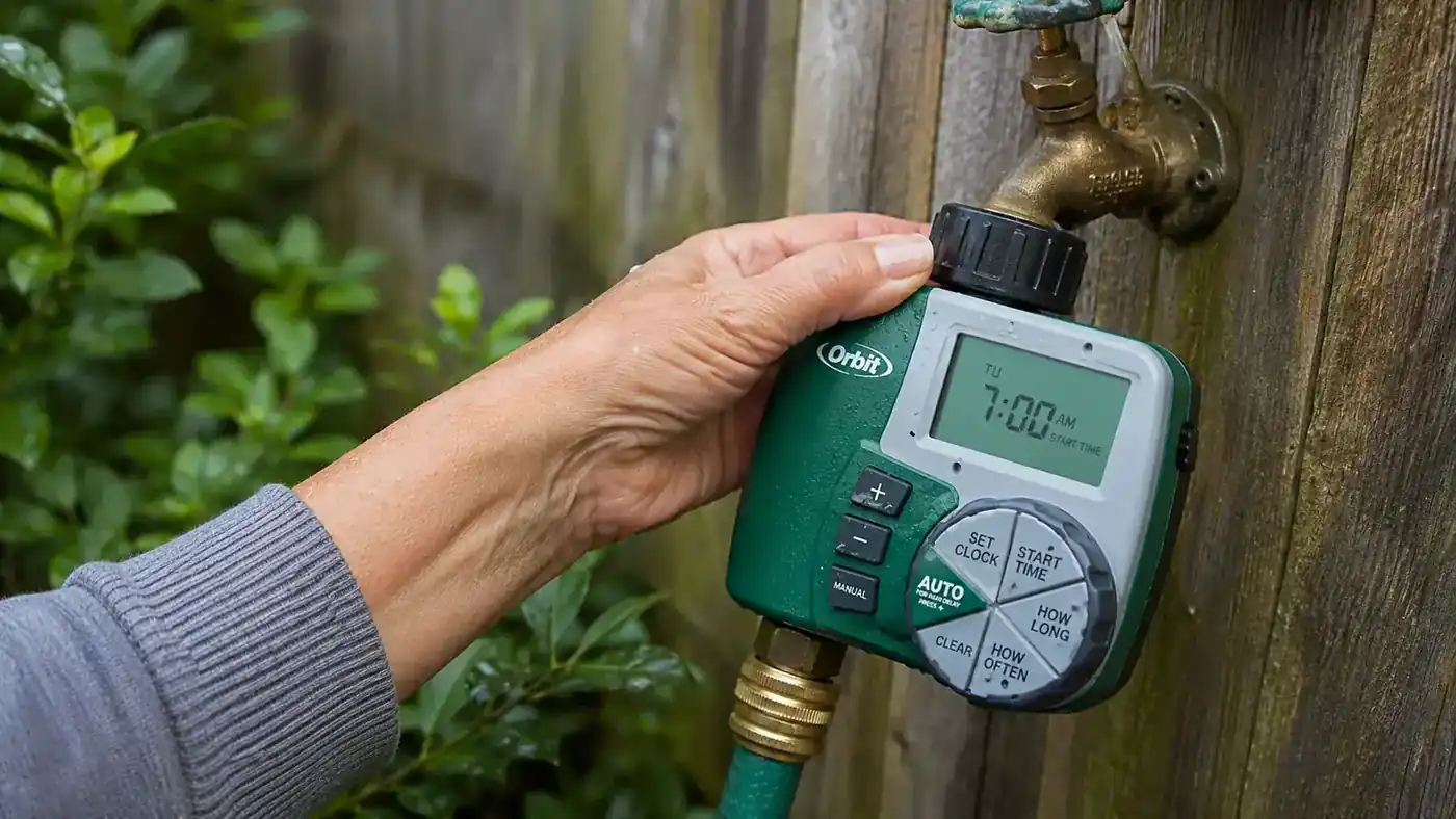 Close-up of a hand twisting the Orbit digital hose timer onto an outdoor spigot, LCD screen visible