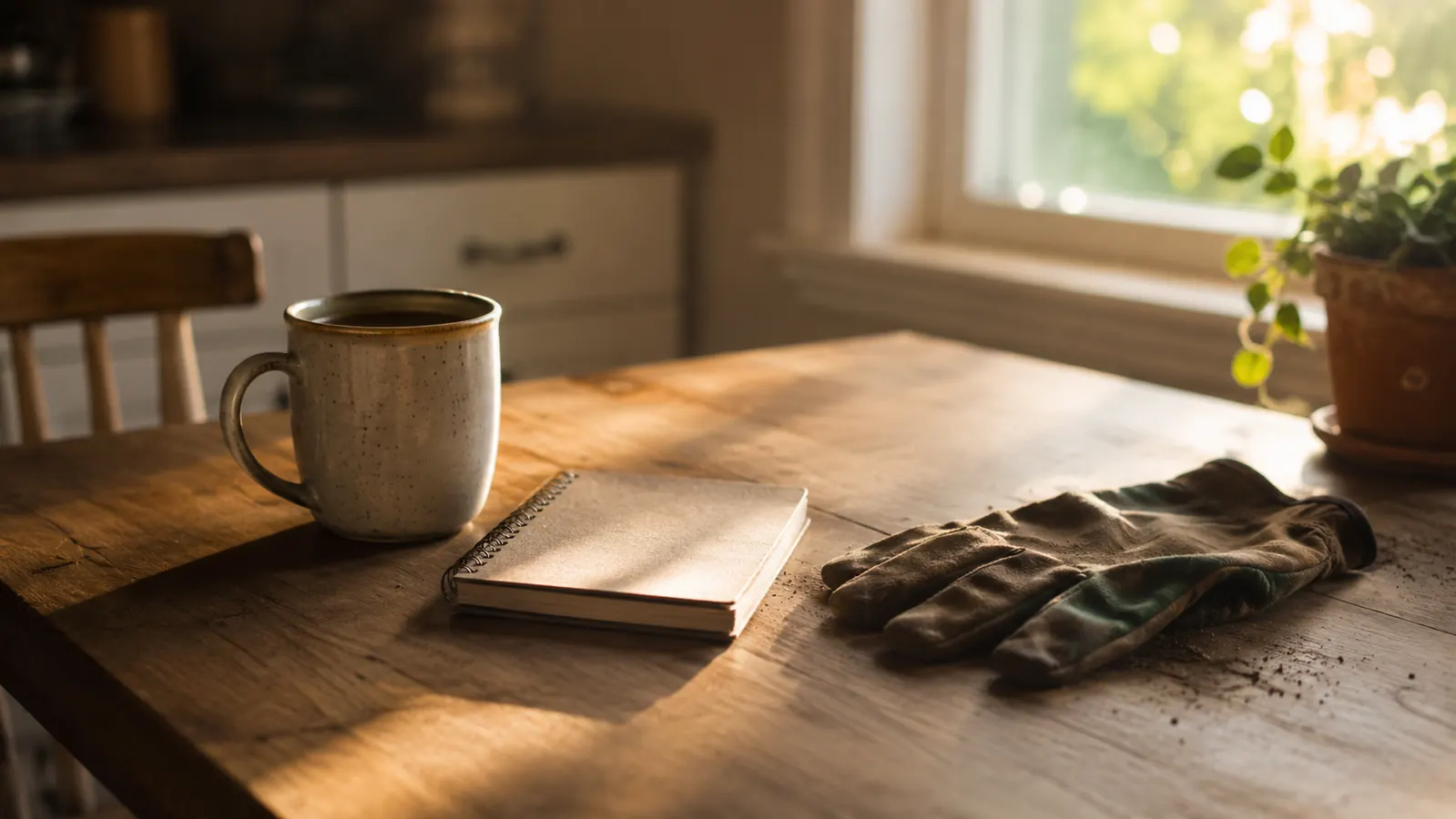 A kitchen table with a coffee mug, a notepad, and a garden glove resting on it, morning light through a window