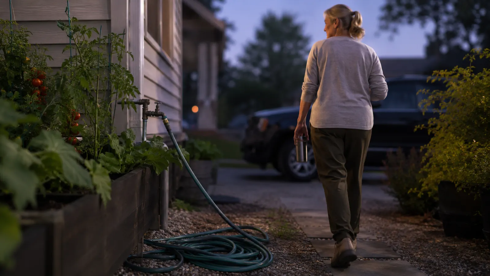 A woman in gardening clothes walking away from a hose spigot toward her car in early morning light, the hose still coiled at the base of a raised bed