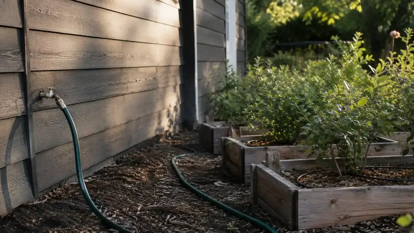 Raised garden beds and blueberry bushes along a garage wall, hose running from a timer toward a soaker line