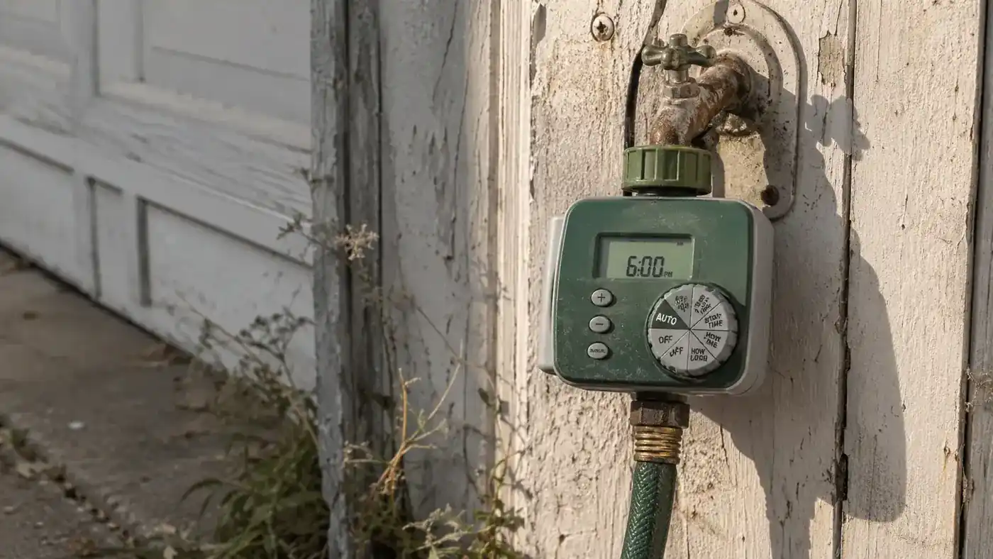 Close view of an Orbit digital hose timer attached to a garage spigot, plastic housing showing a few months of weathering